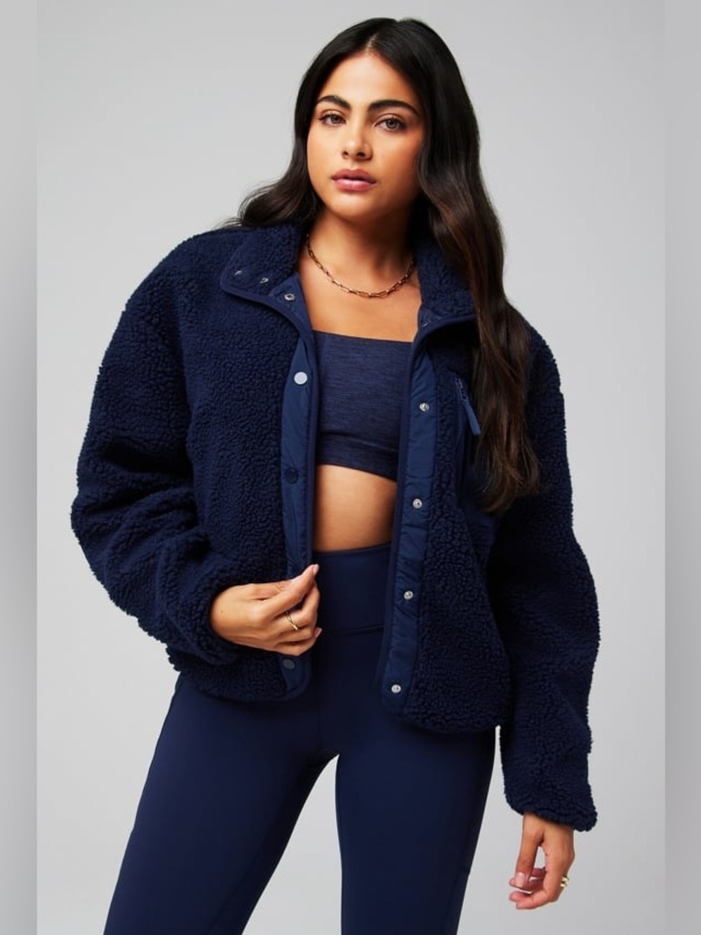 Fabletics Navy Tahoe Teddy Fleece Sherpa Jacket Chest Pocket NWT Size XS Gym